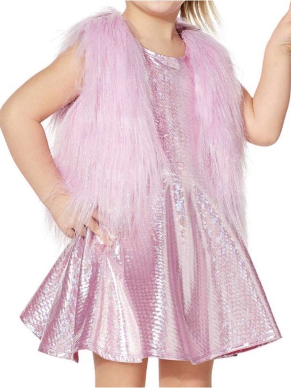 JoJo Siwa Girls Pink Metallic Sparkly Dress Faux-Fur Vest Boomerang costume